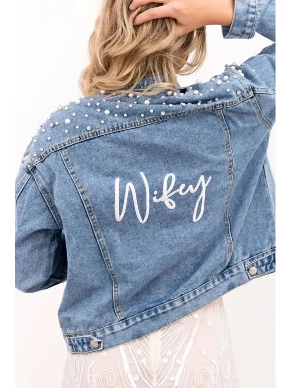 Alexandra's Boutique Pearl & Crystal Studded "Wifey" Denim Jacket | Medium